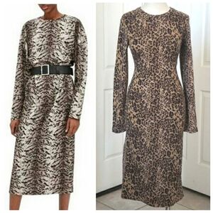 ZARA Midi Dress Black Tan Animal Print Long Sleeve